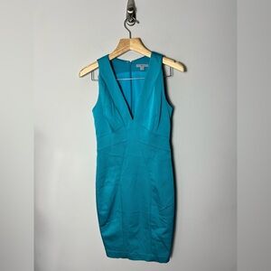 Zac by Zac Posen Sleeveless Turquoise Sheath Dress Textured V Neck Size 4